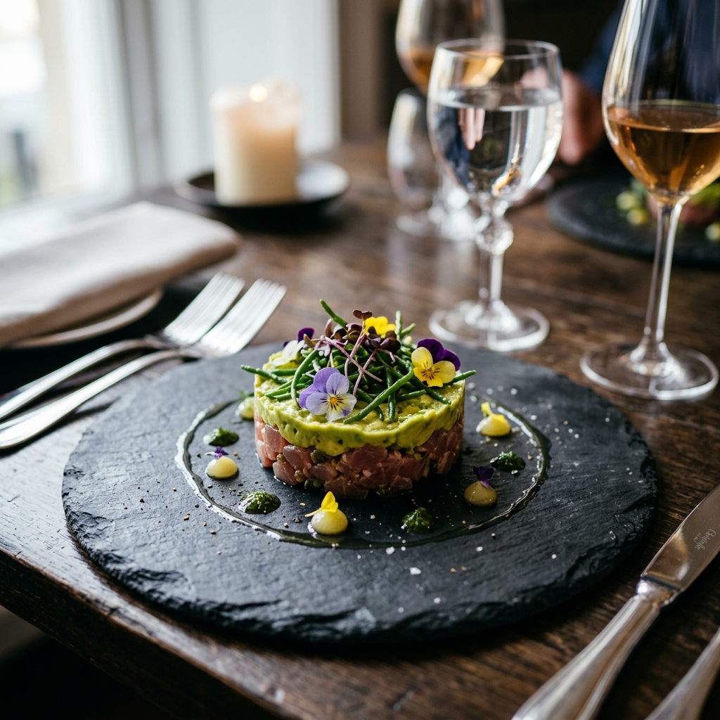 Michelin style seafood plate presentation