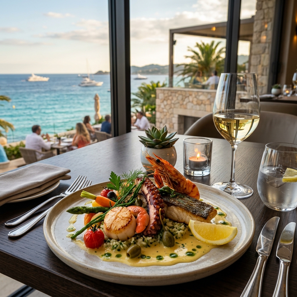A beautifully plated fine dining seafood dish presented on an elegant table setting.